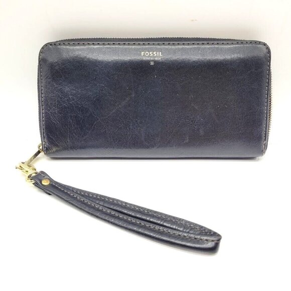 Fossil Sydney Blk Leather Zip Around Wallet Wristlet Clutch Green Interior Chic - Picture 1 of 7